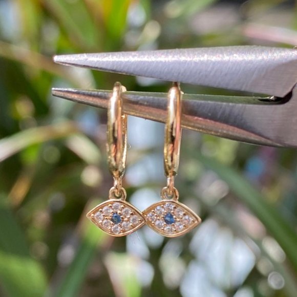 14K Gold Dainty Evil Eye Charm Earrings - Picture 1 of 2